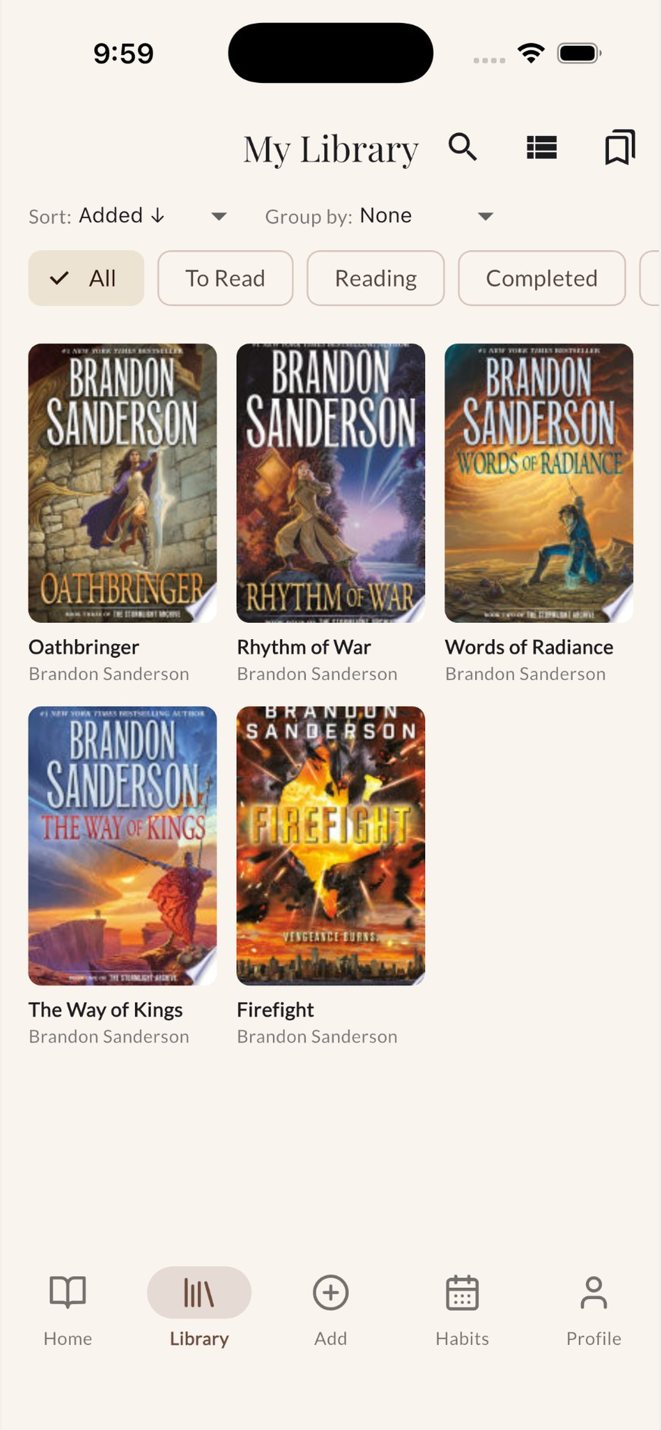 Library grid view with book covers