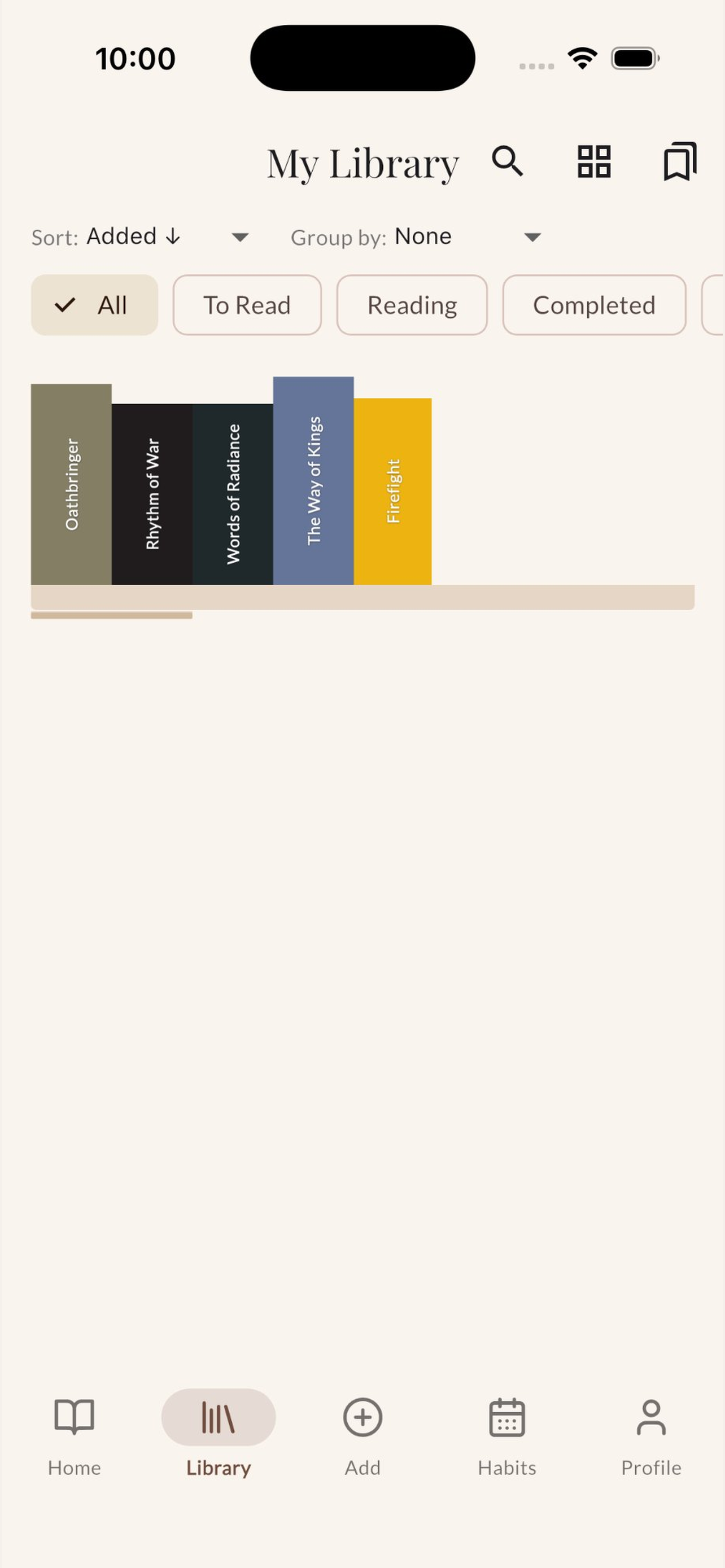 Bookshelf view with spine colors