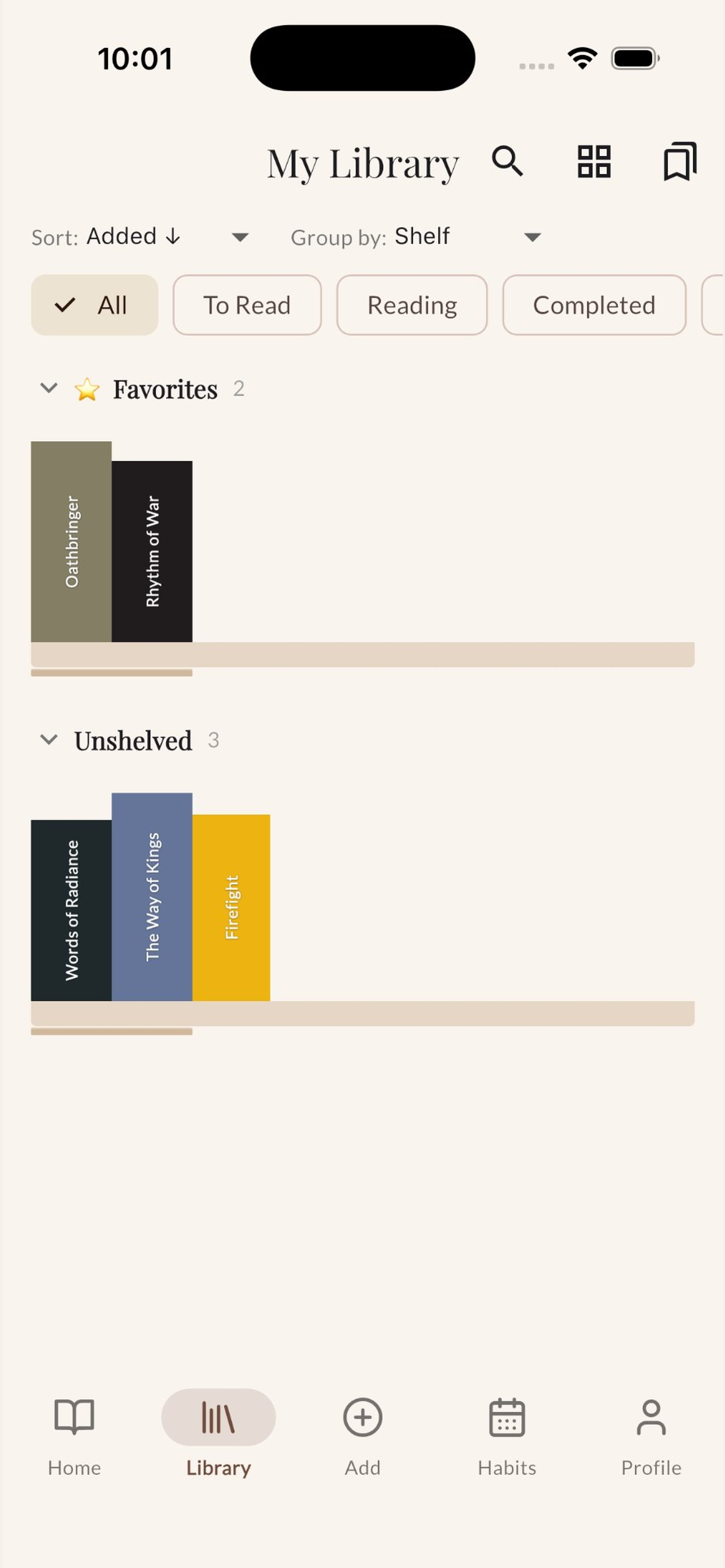 Grouped shelves view